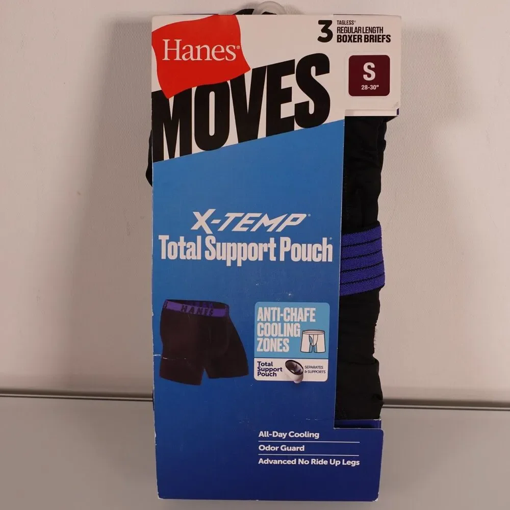 3 Pack Hanes Men's Moves X-Temp Boxer Briefs Total Support Pouch Cooling Small